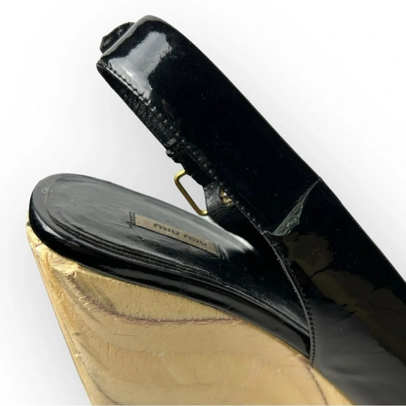 Miu Miu Black Patent Leather  Peep Toe Slingback Wooden Wedge Heel 39 - Picture 9 of 14